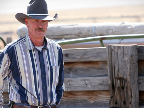 A rancher stands by a fence