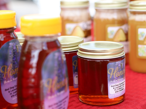 Honey for sale at the Larimer County Farmers' Market