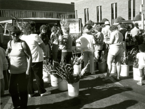 A black and white photo of the Larimer County Farmers' Market
