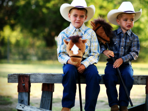 Two children hold their stick horses while sitting on a fence.