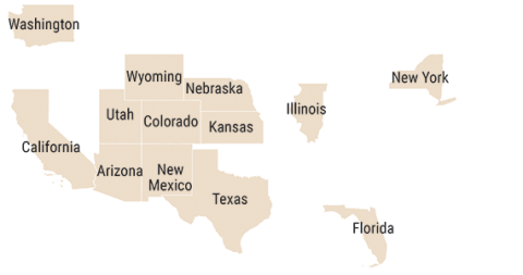 The 13 States used for state level comparisons Map showing 13 competitive employment states used for state level comparison