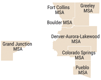 Map showing 7 Colorado MSAs used for county level comparison
