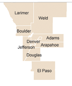 Map showing 9 Colorado counties used for county level comparison