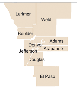 The 9 Colorado counties used for county level comparison Map showing 9 Colorado counties used for county level comparison