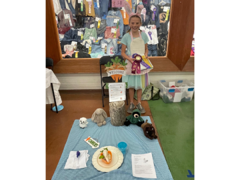 A Larimer County 4-H Member at the State Creative Cooks Competition.  Her display is spread out in front of hear and is bunny/ carrot themed.