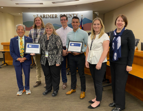 Larimer OEM photo with Commissioners receiving recognition for two National Association of Counties awards.