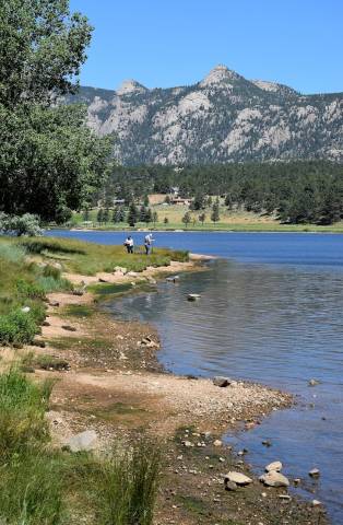 Two individuals fishing near the shore of Lake Estes on a blue sky day