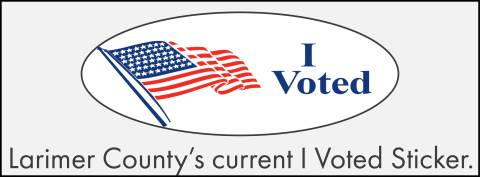 Un piccolo ovale bianco con una bandiera americana e le parole "I Voted" in testo blu.