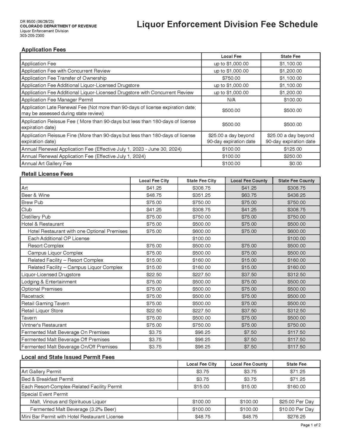 Liquor Enforcement Division Fee Schedule Page One