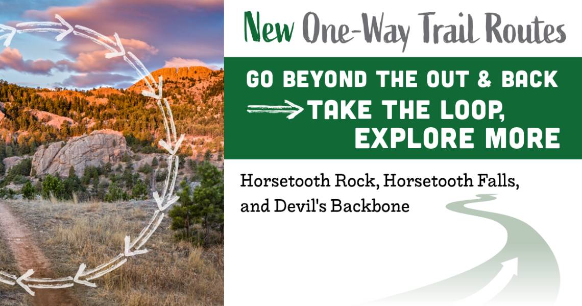 Nuevas rutas de senderos unidireccionales. Ve más allá de la ida y la vuelta. Haz el circuito y explora más. Horsetooth Rock, Horsetooth Falls y Devil's Backbone