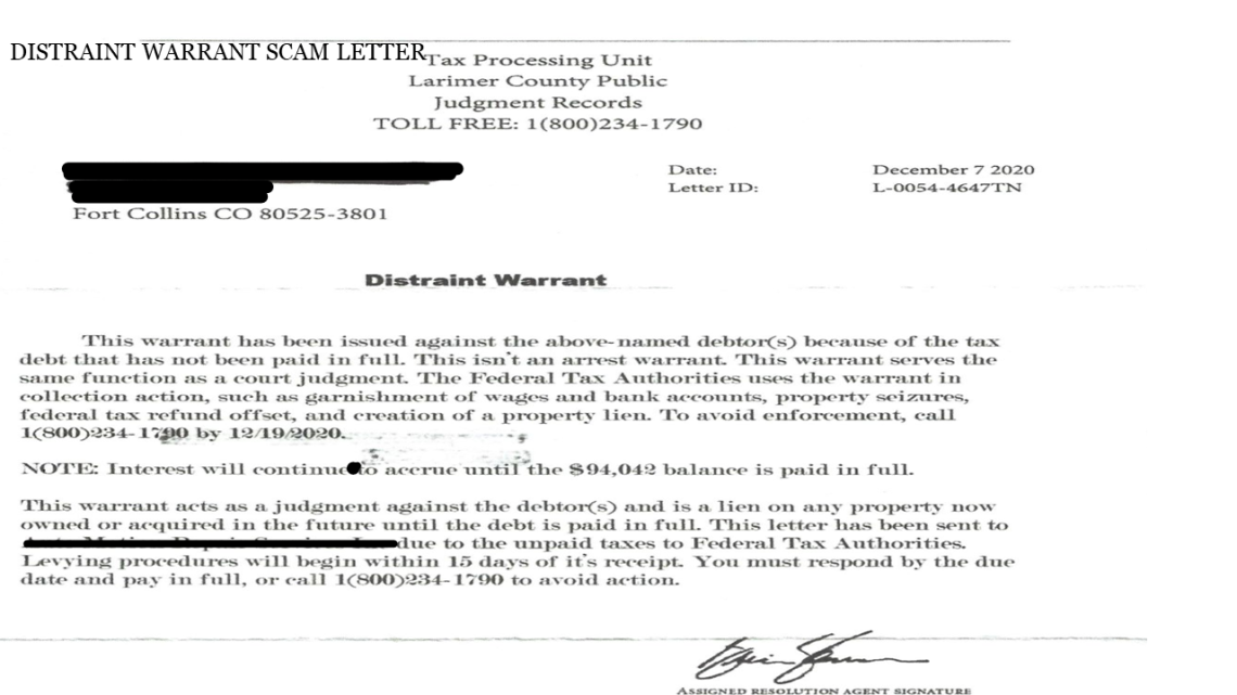 Distraint scam letter Distraint scam letter