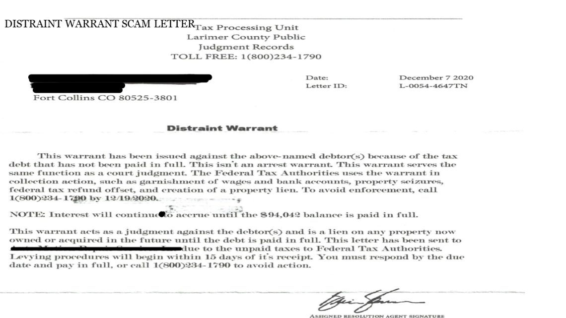 Distraint scam letter