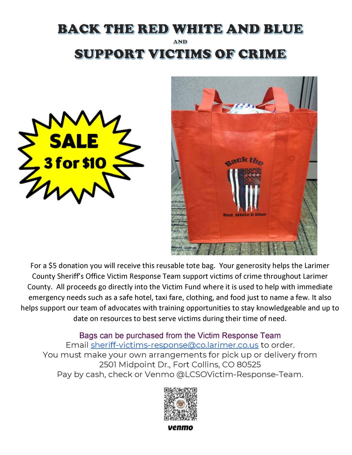 VRT Victim Relief Fundraiser flyer featuring tote bags 3 for $10