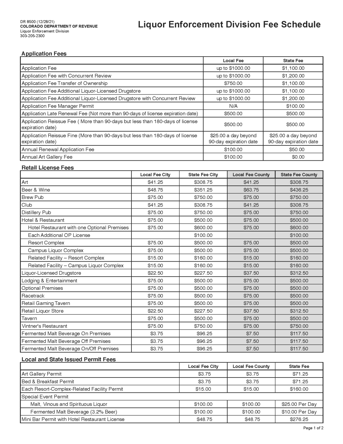 Liquor License Fee Schedule Page 1