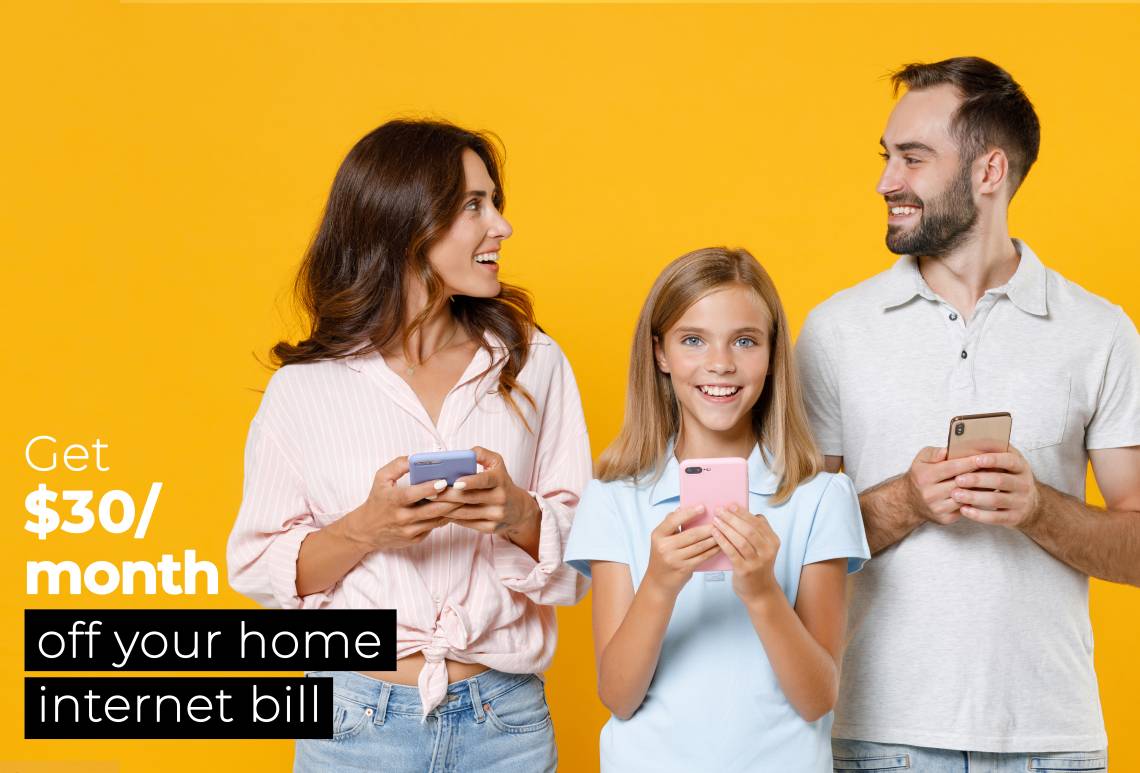 Happy family with devices Happy family with devices