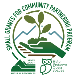 Larimer County Small Grants for Community Partnering Logo - hand holding a tree and the HPOS sales tax owl