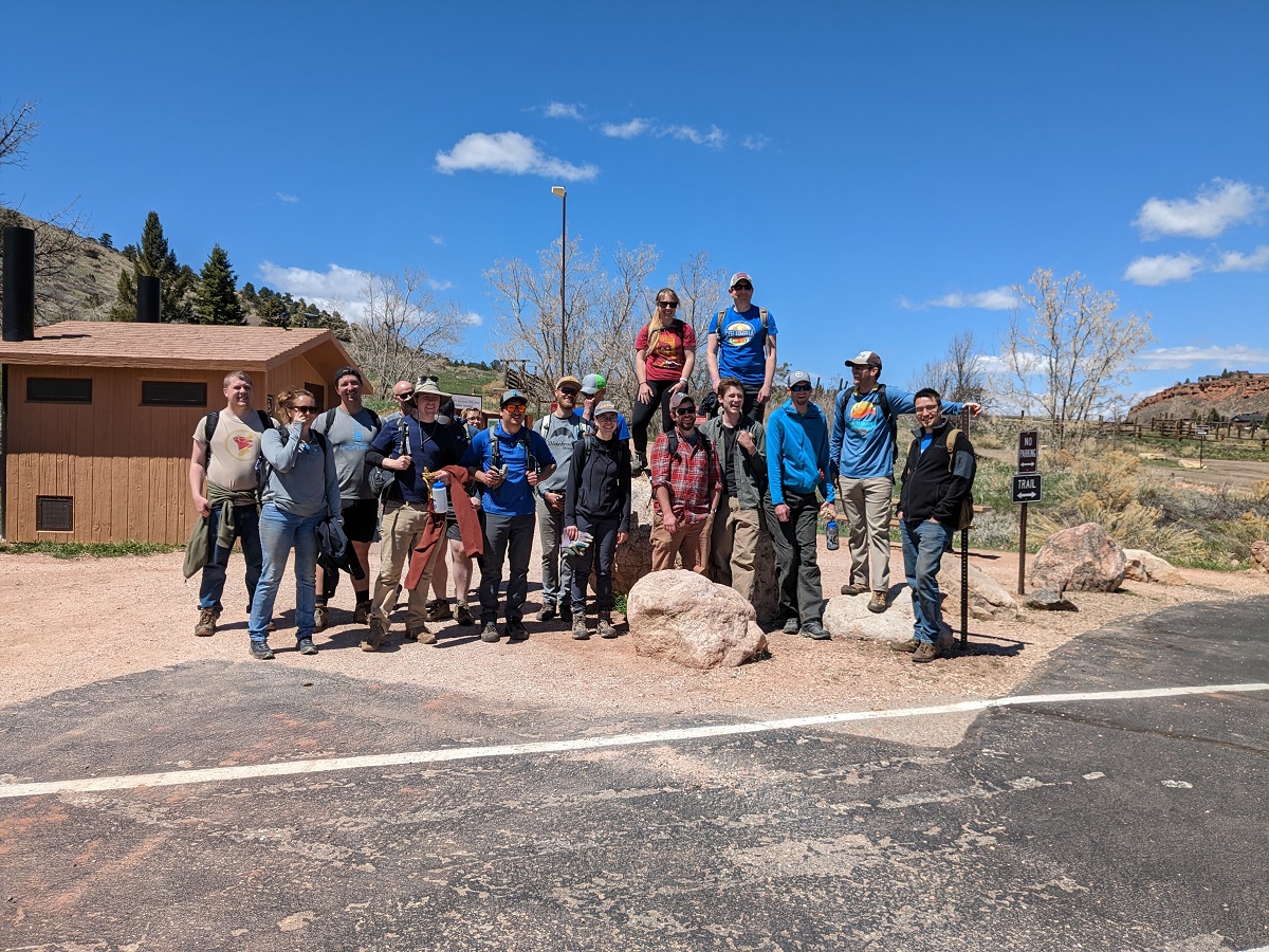Image 5: Volunteers take a break together at recent trail building day at Horsetooth Mountain Open Space. 
